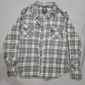PX Clothing Grey Plaid Flannel Shirt Women Medium Cotton Button Down Long Sleeve